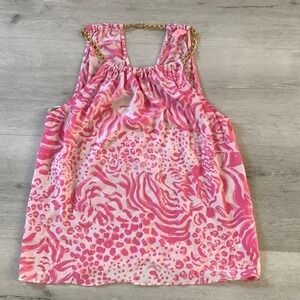 Lilly Pulitzer silk blouse chain neck size M  pink white summer vacation travel